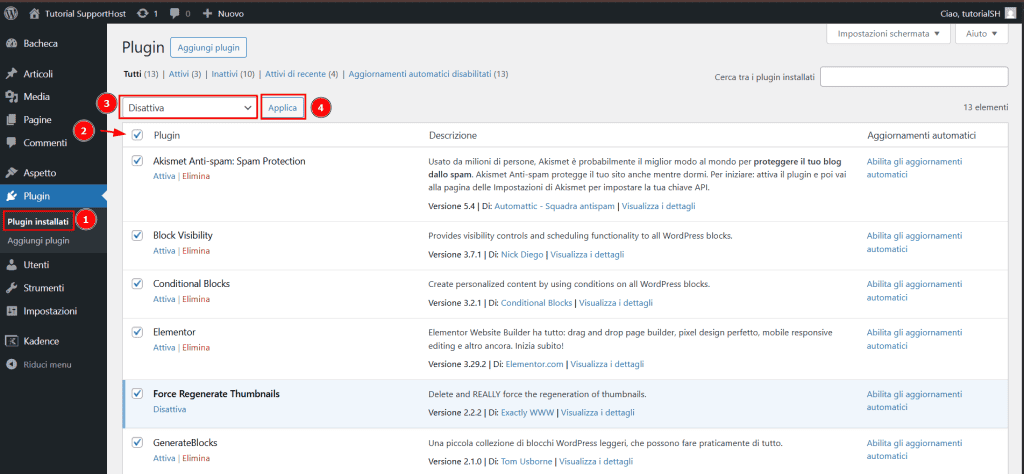 Disattivare Plugin Problemi Libreria Media WordPress