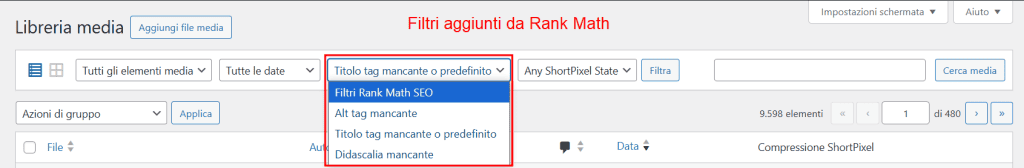 Filtri Rank Math Libreria Media WordPress