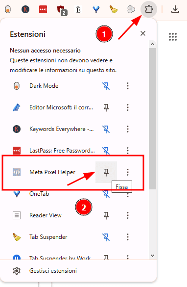 Fissa Estensione Meta Pixel Helper