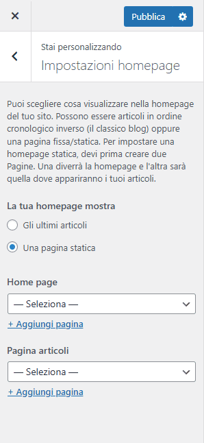 Homepage Statica Impostazioni Homepage Neve