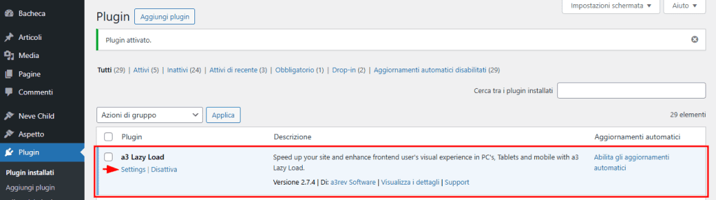 Impostazioni A3 Lazy Load Plugin