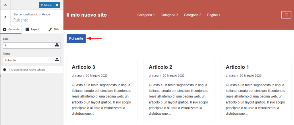 Impostazioni Header Pulsante Neve