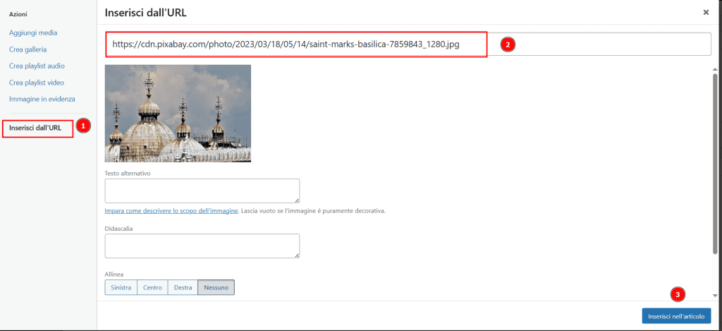 Inserimento Url Immagine Editor Classico