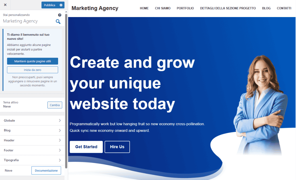 Modello Marketing Agency Tema Neve Personalizza