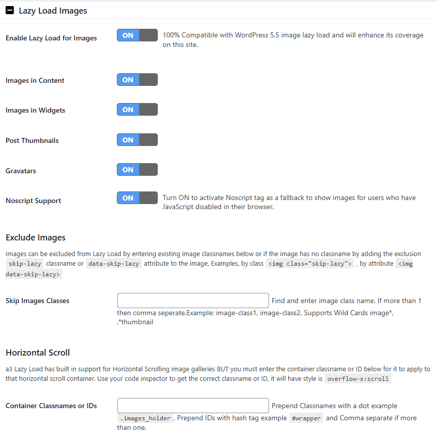 Opzioni Immagini A3 Lazy Load Plugin