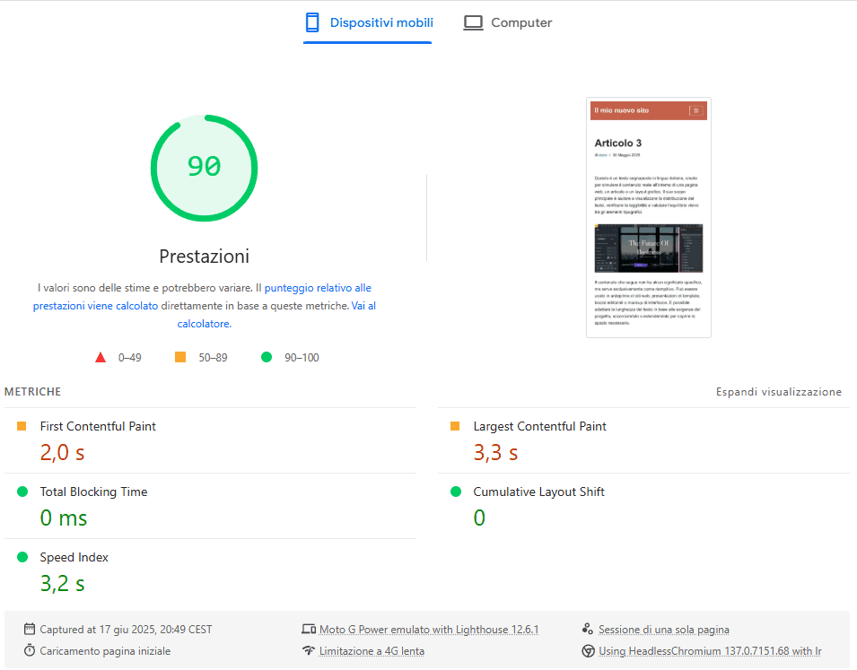 Pagespeed Insights Articolo WordPress Immagine