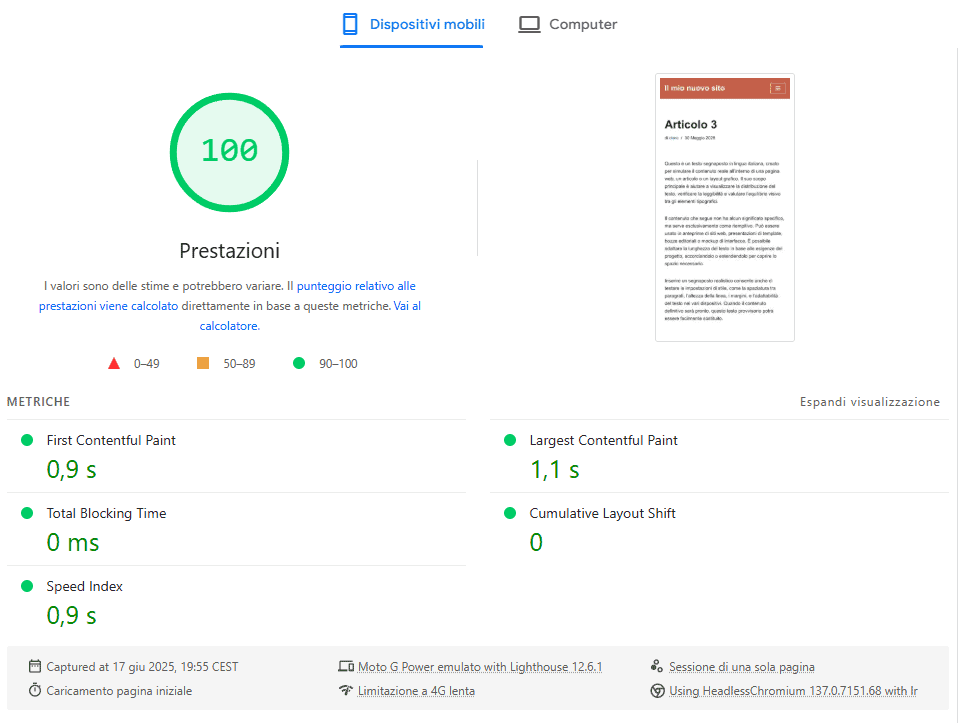 Pagespeed Insights Articolo WordPress No Foto