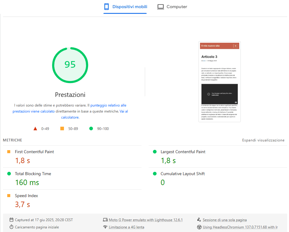 Pagespeed Insights Articolo WordPress Video Youtube