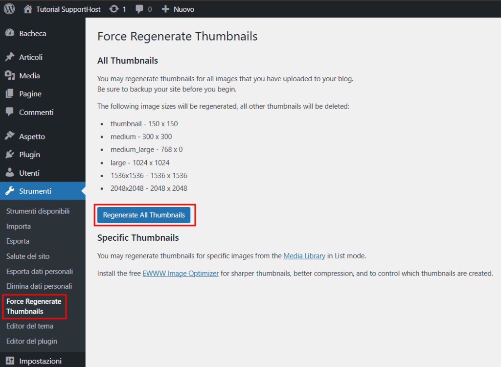 Plugin Force Regenerate Thumbnails Rigenerare Anteprime