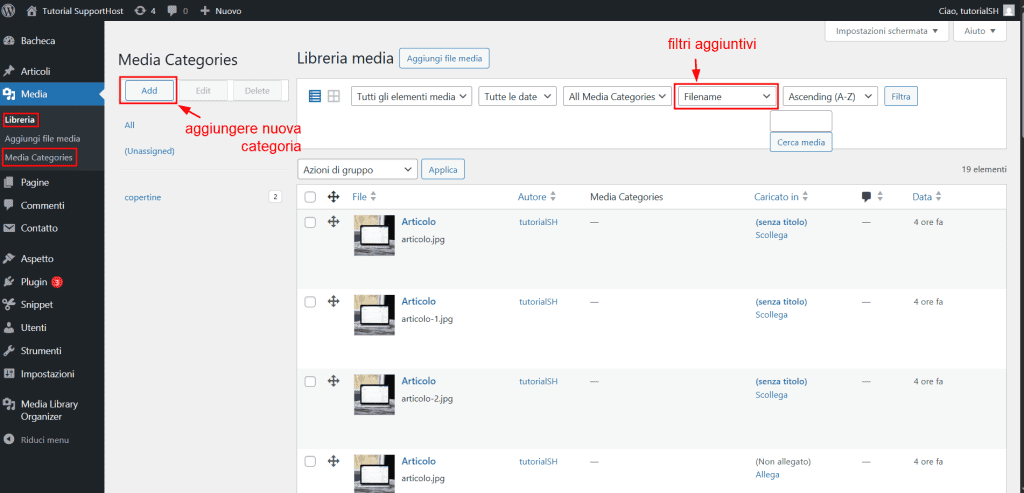 Plugin Media Library Organizer Interfaccia