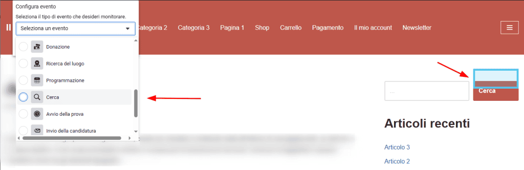 Pulsante Ricerca Configura Evento Pixel Meta Wp