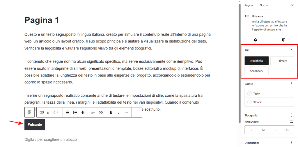 Scegliere Stile Pulsante Gutenberg Neve