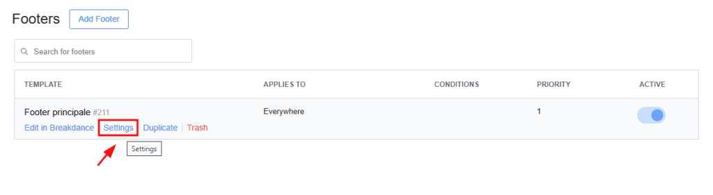 Settings Impostazioni Footer Breakdance