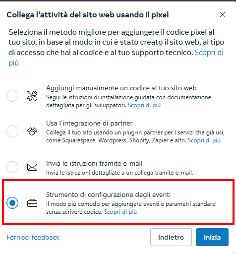 Strumento Configurazione Eventi Pixel Facebook
