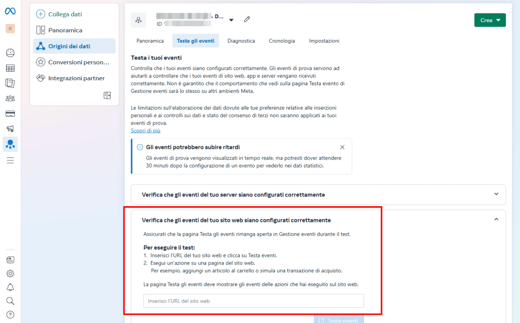Testa Eventi Sito Pixel Meta