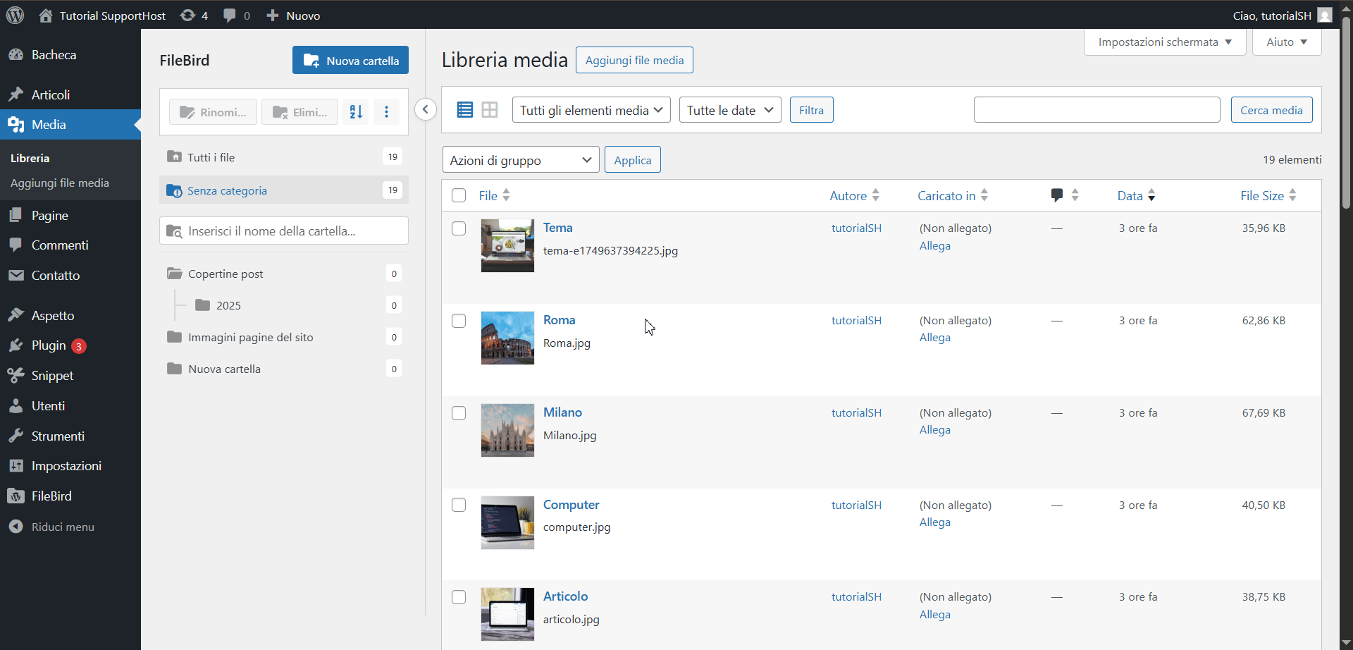 Usare Filebird Cartelle Libreria Media WordPress