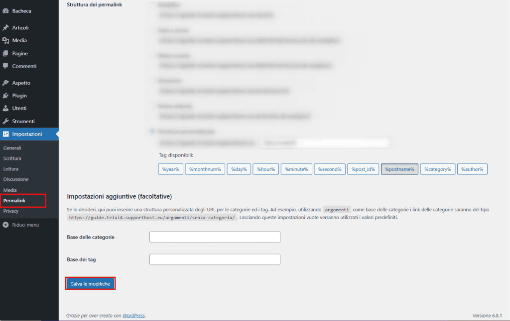 Aggiornare Impostazioni Permalink WordPress