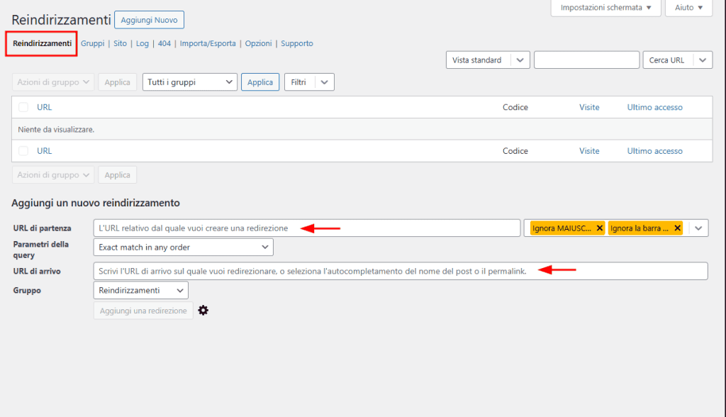 Aggiungere Reindirizzamento WordPress Plugin Redirection