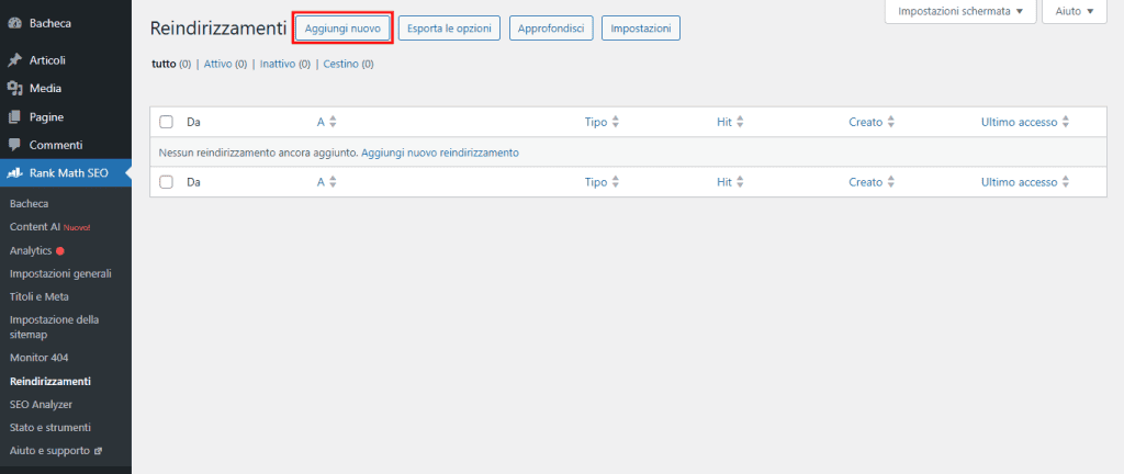 Aggiungi Nuovo Reindirizzamenti Rank Math Seo