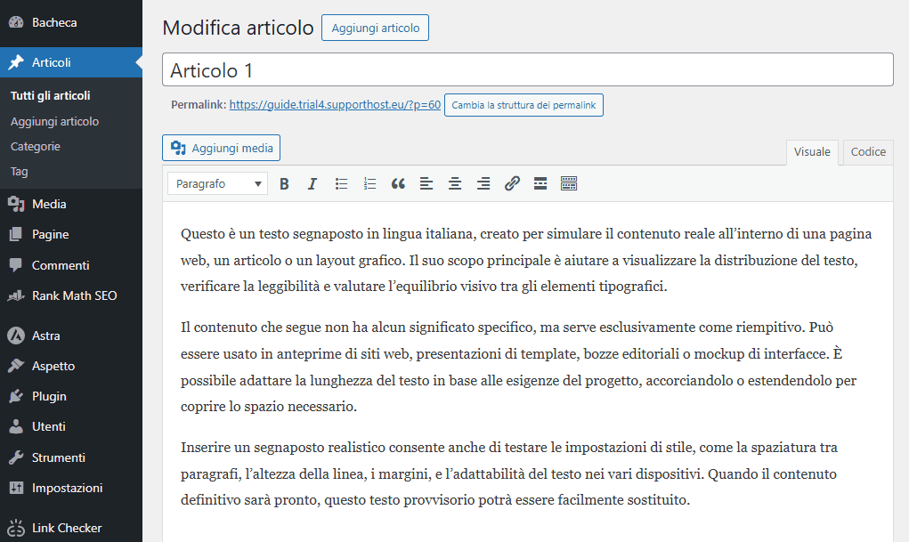 Articolo Editor Classico WordPress