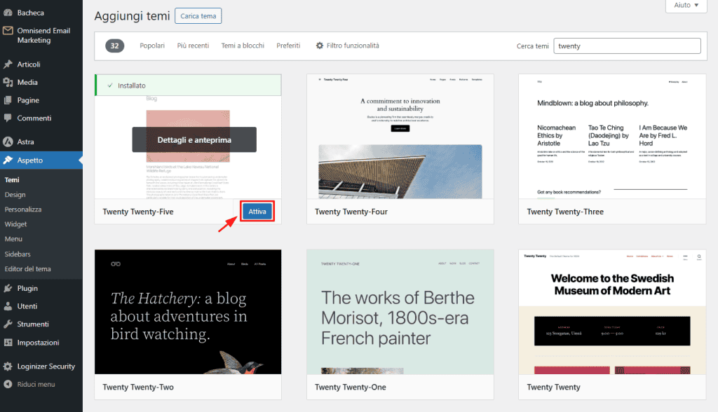 Attivare Twenty Twenty Five WordPress