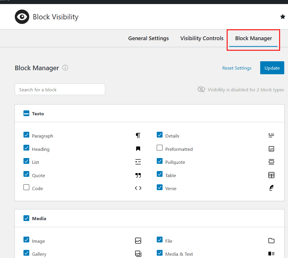 Block Visibility Impostazioni Block Manager