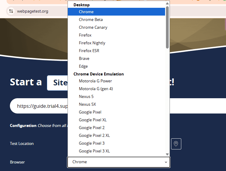 Browser Site Performance Test Webpagetest