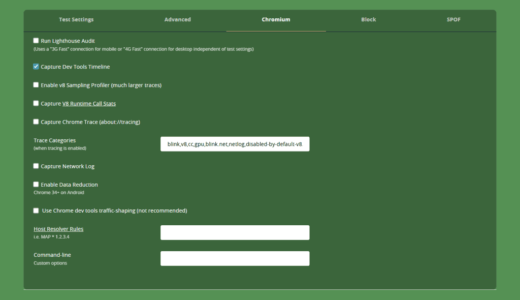Chromium Opzioni Test Webpagetest