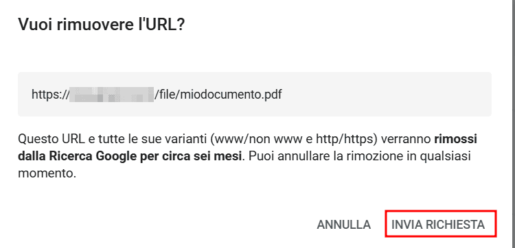 Conferma Invio Richiesta Rimozione Pdf Search Console
