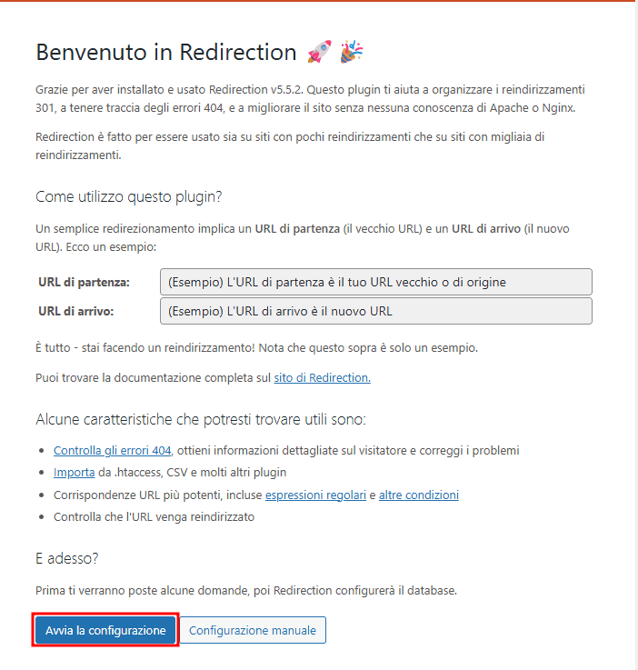 Configurazione Guidata Plugin Redirection