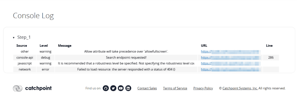 Console Log Webpagetest