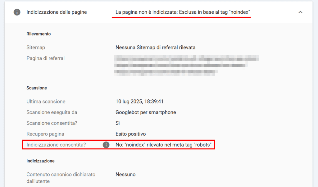 Controllo Url Pagina Esclusa Tag Noindex Search Console