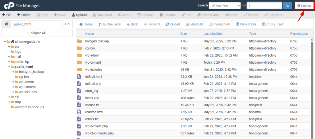 Cpanel Impostazioni