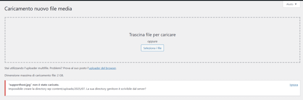 Errore Permessi Caricamento Immagine WordPress