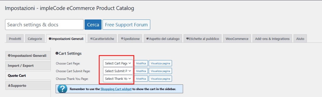Impostazioni Carrello Ecommerce Product Catalog
