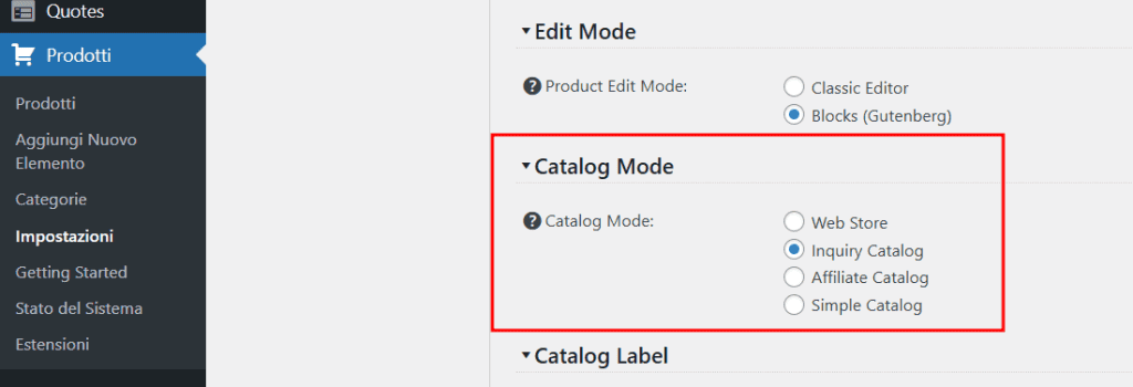 Impostazioni Catalog Mode Ecommerce Product Catalog Inquiry