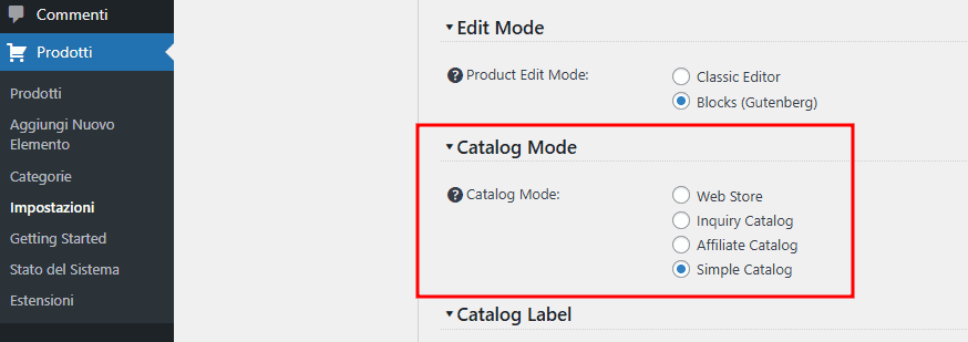 Impostazioni Catalog Mode Ecommerce Product Catalog