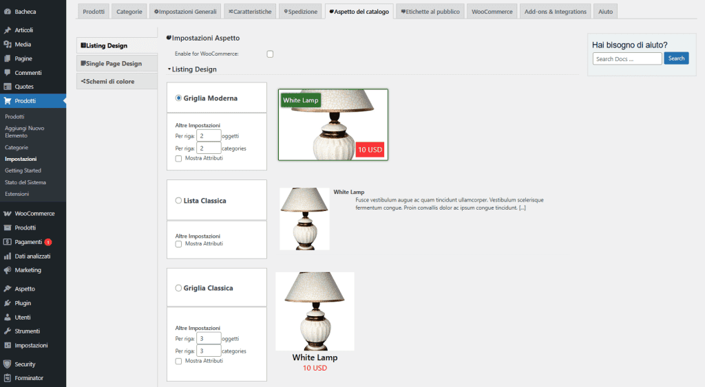 Impostazioni Catalogo Ecommerce Product Catalog