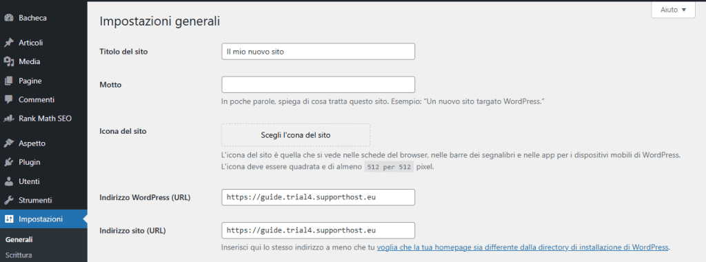 Impostazioni Generali Url Sito WordPress