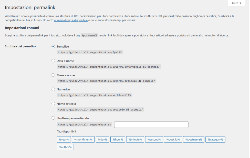 Impostazioni Permalink WordPress