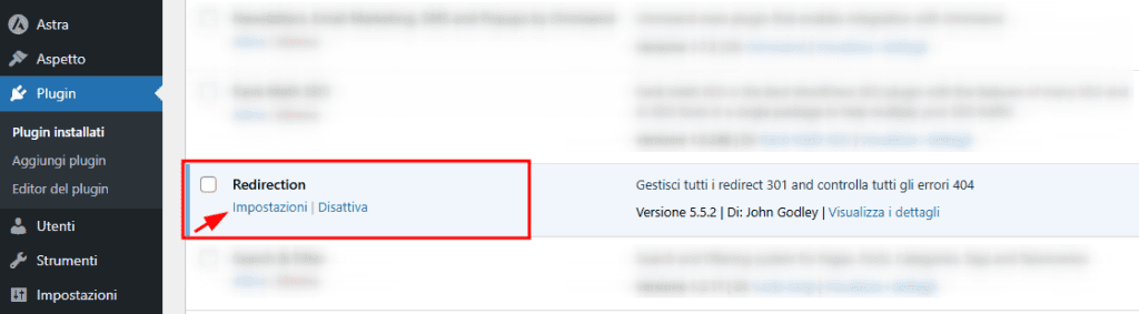 Impostazioni Plugin WordPress Redirection