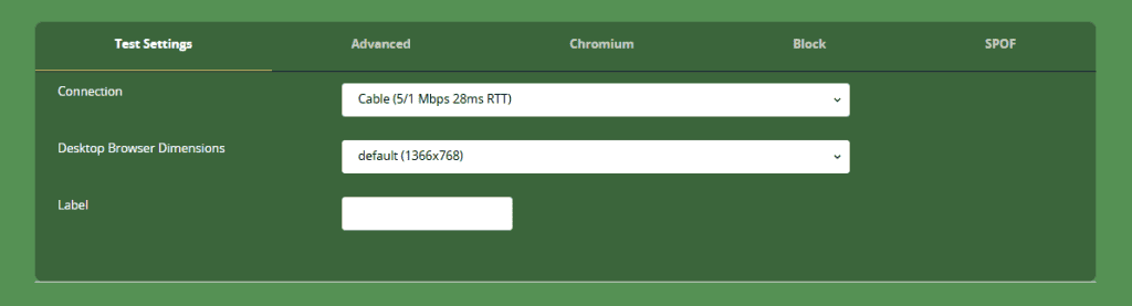 Impostazioni Settings Test Webpagetest