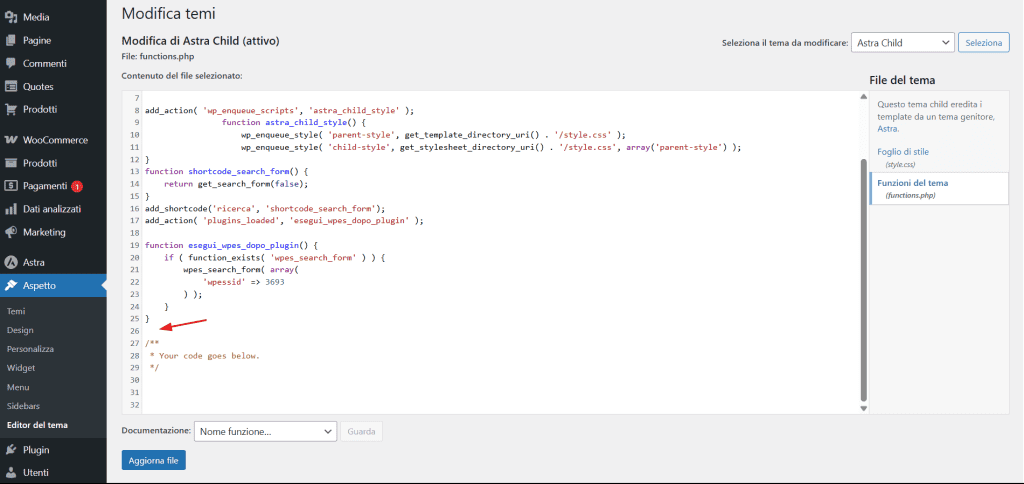 Inserire Codice Tema Child Functions Php