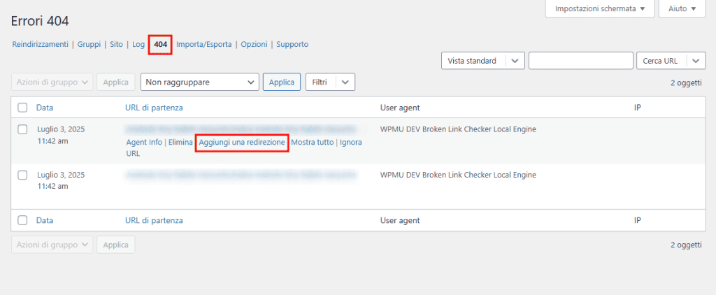 Log Errori 404 WordPress Plugin Redirection
