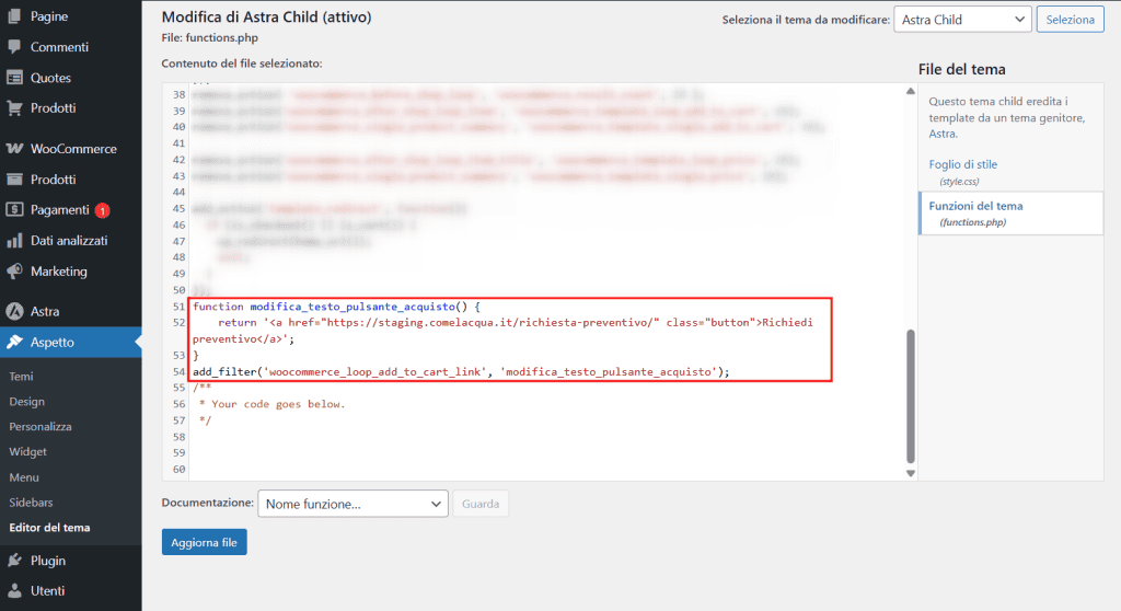Modifica Pulsante Woocommerce Functions Php