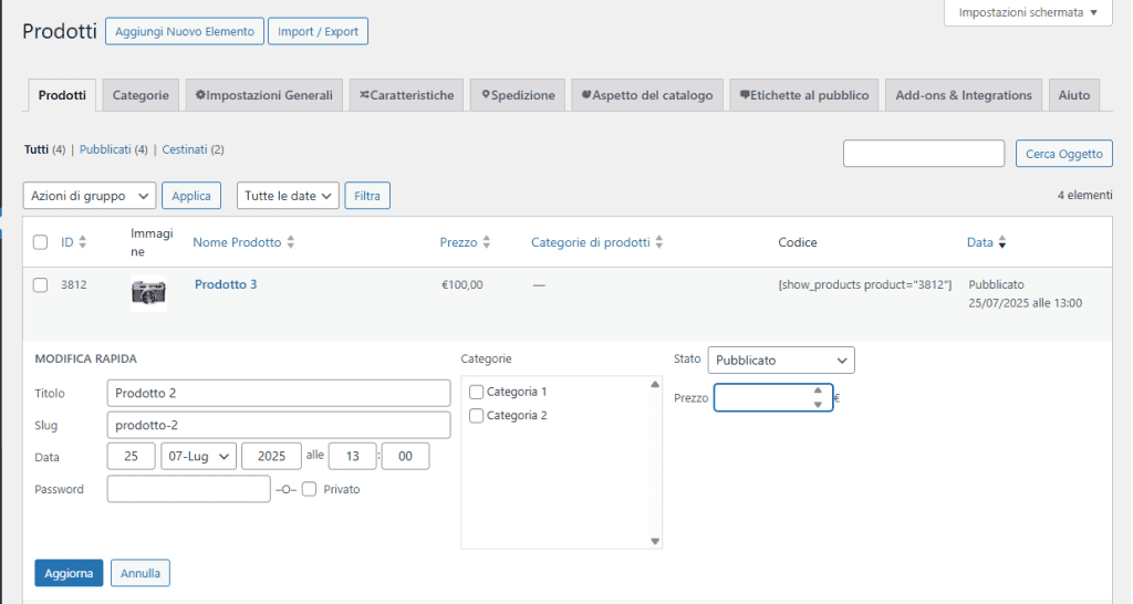 Modifica Rapida Prodotto Ecommerce Product Catalog
