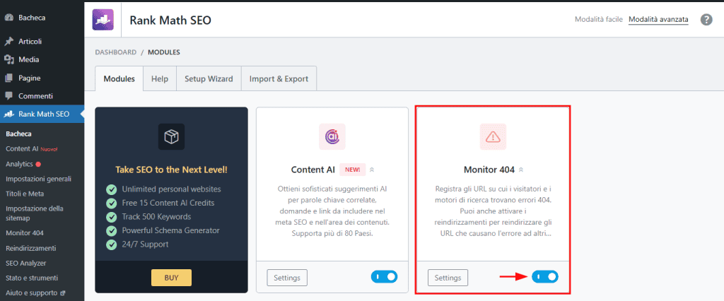 Monitora Errori 404 WordPress Rank Math