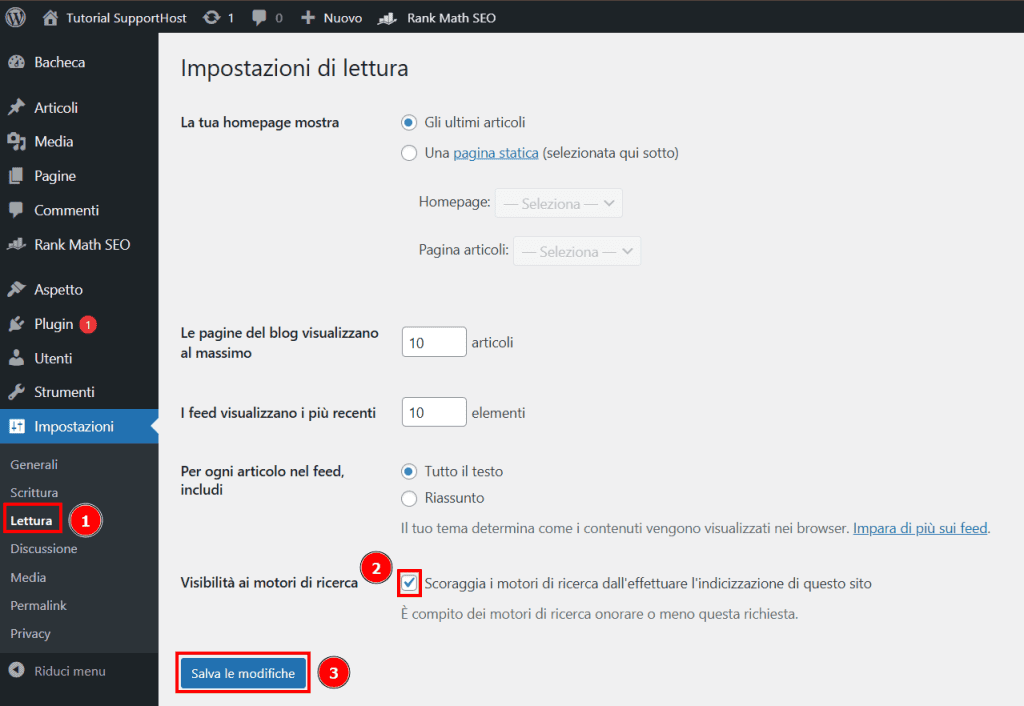 Opzione Scoraggia Motori Di Ricerca WordPress