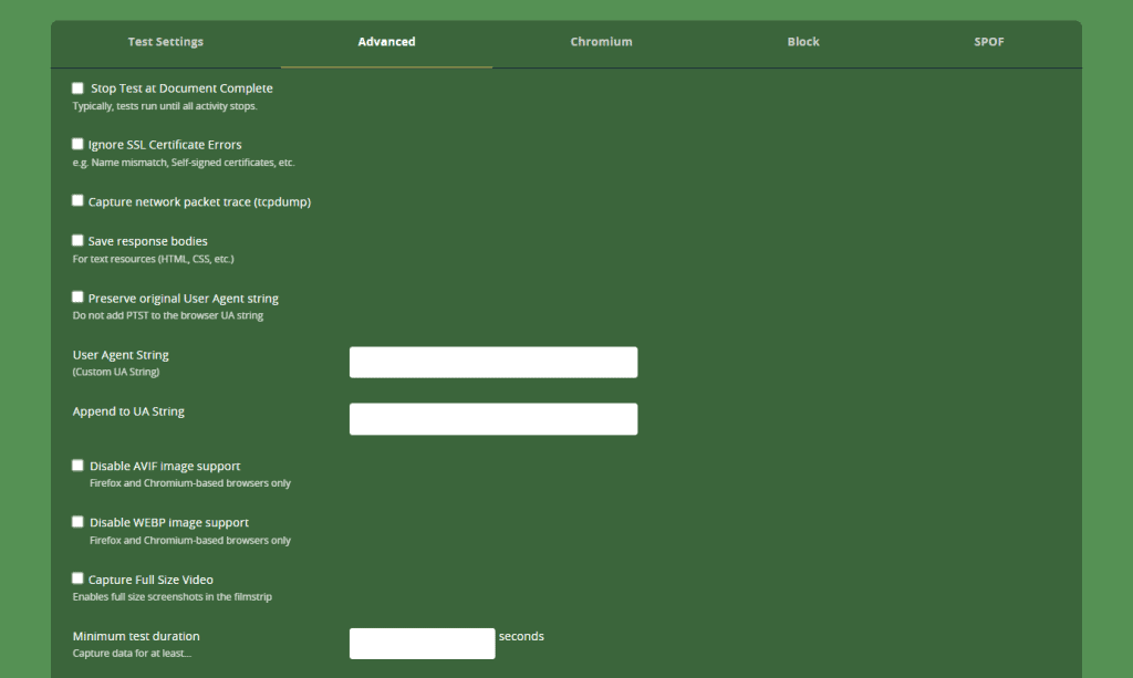 Opzioni Avanzate Test Webpagetest