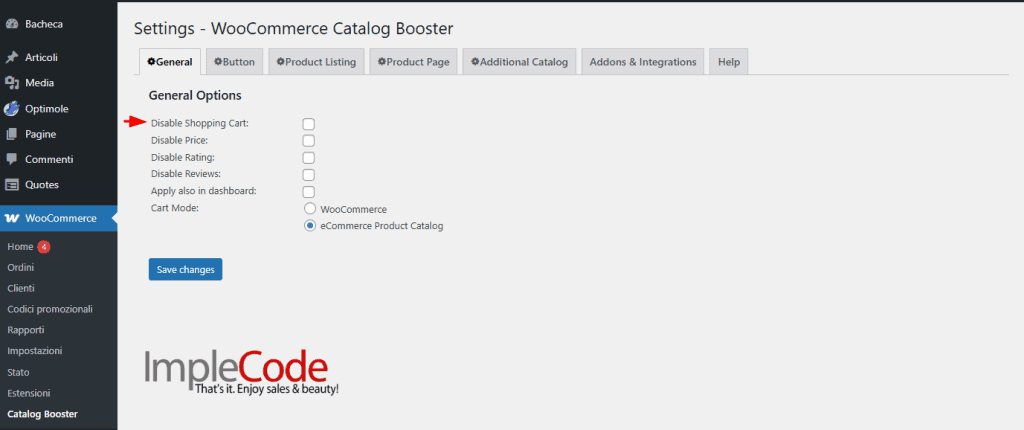 Opzioni Woocommerce Catalog